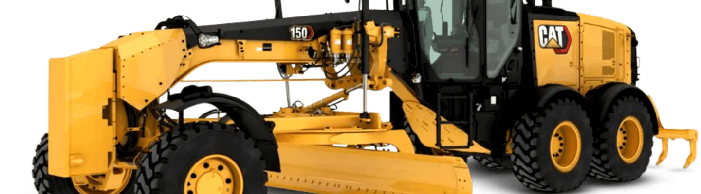 Grader truck leveling soil on a construction site, with safety barriers and other heavy equipment in the background.
